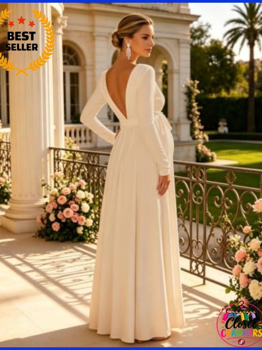 Maternity Maxi Dress V-Neck Long Sleeve Tie Waist Baby Shower Gown - Picture 2 of 6